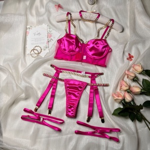 Set lenjerie intima sexy din satin si lanturi aurii decorative, roz neon, 5 piese #ZZ4908 - Img 6