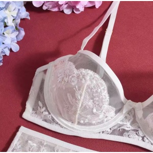 Set lenjerie intima sexy din tul nude si broderie florala , alb/ nude, 4 piese #ZZ4327 - Img 12