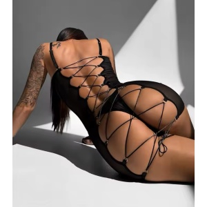 Set lenjerie intima sexy, rochie cu snur reglabil la spate si chilot, negru, 2 piese #ZZ4249