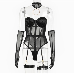 Set lenjerie intima sexy satinata cu choker si manusi lungi, negru, 4 piese #ZZ4235 - Img 12