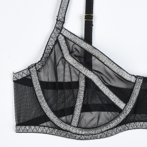 Set lenjerie sexy din dantela fina elastica cu benzi argintii, negru, 4 piese #ZZ4936 - Img 8