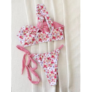 🔥Oferta zilei🔥Costum de baie 2 piese pe un umar, imprimeu floral si trandafir decorativ, roz/alb #ZZ2003 - Img 3