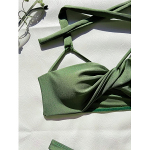 🔥Oferta zilei🔥Costum de baie 2 piese sidefat, cu decupaje, slip tanga, verde kaki #ZZ2092 - Img 5