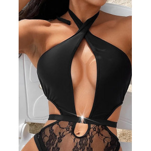 🔥Oferta zilei🔥Costum de baie intreg cu insertii de dantela, decolteu adanc si spatele gol, negru #ZZ1003 - Img 5
