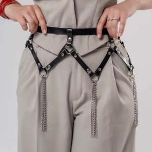 Accesoriu pentru talie din piele ecologica si lant, negru #ZZ4368 - Img 2