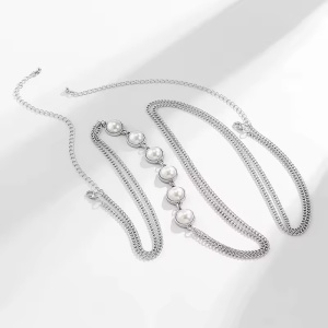 Body chain pentru decolteu cu perle albe decorative, argintiu #ZZ4059 - Img 4