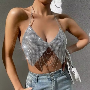 Bustiera metalica tip body chain cu lanturi decorative, argintiu #ZZ4447