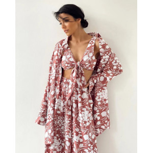Compleu cu bluza, bustiera si pantaloni lungi, motive florale, roz/alb, 3 piese #ZZ6007