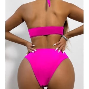 Costum de baie 2 cu catarame metalice aurii la slip si sutien, roz neon #ZZ2112 - Img 3