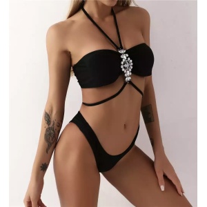 Costum de baie 2 piese, accesoriu detasabil cu cristale, negru #ZZ2749 - Img 3