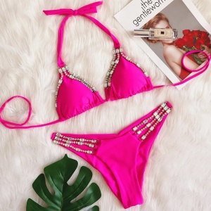 Costum de baie 2 piese brazilian cu cristale decorative la slip si sutien, roz neon #ZZ2121 - Img 6