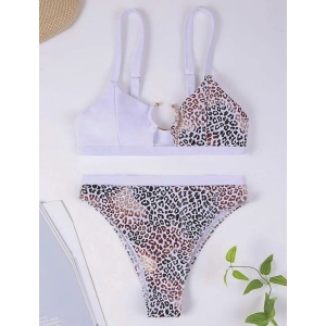 Costum de baie 2 piese brazilian cu imprimeu leopard, accesoriu metalic decorativ, alb #ZZ2716 - Img 2