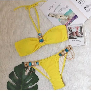 Costum de baie 2 piese cu accesorii metalice si cristale decorative, galben #ZZ2883 - Img 6