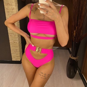 Costum de baie 2 piese cu catarame metalice si slip cu talie inalta, roz fucsia #ZZ2795 - Img 3