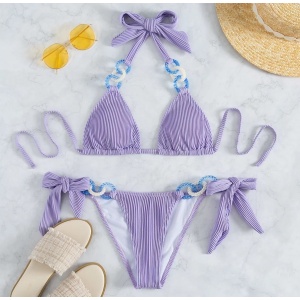 Costum de baie 2 piese cu cercuri decorative si slip reglabil, lila #ZZ2770 - Img 3