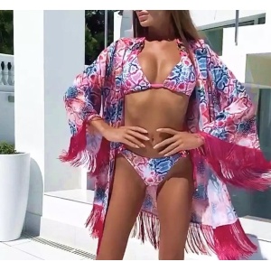 Costum de baie 2 piese cu cristale decorative la sutien, imprimeu sarpe, roz #ZZ2910 - Img 9