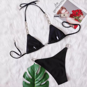 Costum de baie 2 piese cu cristale si accesorii metalice, negru #ZZ2067 - Img 12