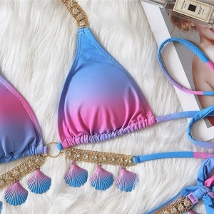 Costum de baie 2 piese cu cristale si scoici decorative, albastru/ roz #ZZ2725 - Img 12
