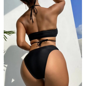 Costum de baie 2 piese cu decupaje, snururi si cercuri metalice decorative, negru #ZZ2085 - Img 2