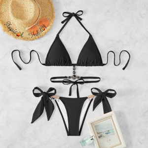 Costum de baie 2 piese cu elemente metalice si cristale decorative, negru #ZZ2021 - Img 3