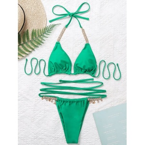 Costum de baie 2 piese cu elemnete metalice si cristale decorative, verde #ZZ2784 - Img 2