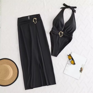 Costum de baie 2 piese cu fusta si catarame aurii decorative, negru #ZZ2140 - Img 5