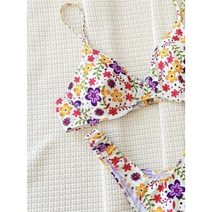 Costum de baie 2 piese cu imprimeu floral si slip ridicat pe solduri, alb #ZZ2026 - Img 9