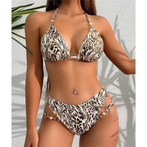 Costum de baie 2 piese cu imprimeu leopard și perle decorative, maro/bej #ZZ2129 - Img 5