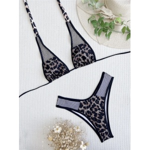Costum de baie 2 piese cu insertii de plasa, imprimeu leopard, negru #ZZ2767 - Img 4