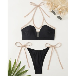 Costum de baie 2 piese cu insertii de tul nude la sutien, slip reglabil, negru #ZZ2809 - Img 3