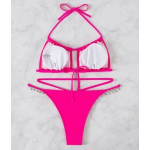 Costum de baie 2 piese cu lantisoare metalice decorative, roz fucsia #ZZ2927 - Img 4