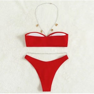 Costum de baie 2 piese cu lantisoare si cristale decorative, rosu #ZZ2755 - Img 3