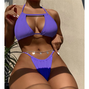 Costum de baie 2 piese cu lantisor decorativ argintiu la slip, mov #ZZ2020