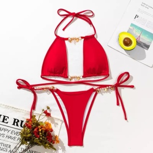 Costum de baie 2 piese cu perle si lantisoare decorative, rosu #ZZ2714 - Img 4