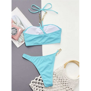 Costum de baie 2 piese cu sclipici discret si lanturi metalice aurii, turcoaz #ZZ2027 - Img 4
