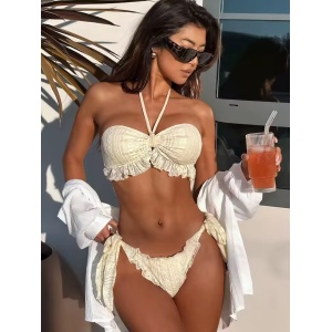 Costum de baie 2 piese cu slip reglabil, bej #ZZ2070 - Img 2
