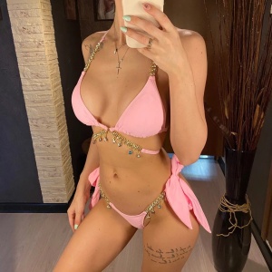 Costum de baie 2 piese cu slip reglabil si cristale decorative, roz #ZZ2833 - Img 2