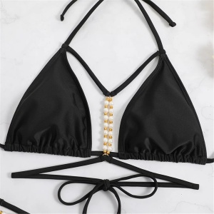 Costum de baie 2 piese cu slip tanga si perle decorative, negru #ZZ2774 - Img 9