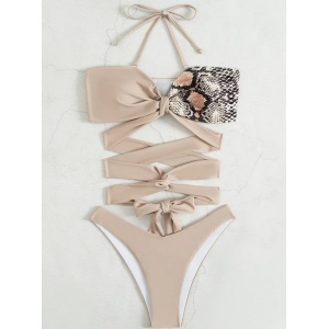 Costum de baie 2 piese cu snur decorativ la sutien, imprimeu sarpe , bej #ZZ2873 - Img 2