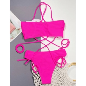 Costum de baie 2 piese cu snururi reglabile pa slip si sutien, roz fucsia #ZZ2799 - Img 8