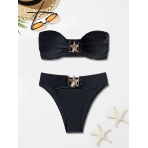 Costum de baie 2 piese cu sutien fără bretele si slip cu talie înaltă, negru #ZZ2084 - Img 4
