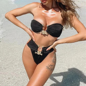 Costum de baie 2 piese cu talie inalta si accesorii metalice aurii, negru #ZZ2047 - Img 2
