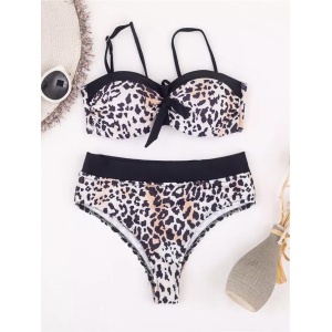 Costum de baie 2 piese cu talie inalta si push-up, imprimeu leopard, negru/alb (lipsa bretele sutien)#ZZ2753 - Img 6