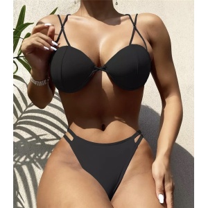Costum de baie 2 piese, cupe tari buretate si bretelute decorative, negru #ZZ2786