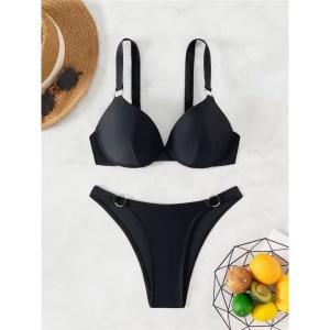 Costum de baie 2 piese, cupe tari buretate si cercuri decorative, negru #ZZ2125 - Img 3