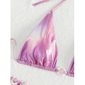 Costum de baie 2 piese metalizat cu cercuri decorative, slip reglabil, roz #ZZ2103 - Img 5
