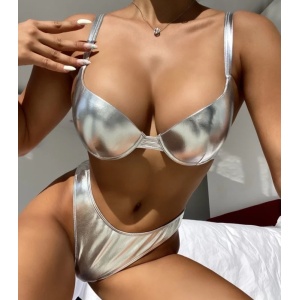 Costum de baie 2 piese metalizat cu cupe tari, buretate, argintiu #ZZ2801