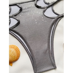 Costum de baie 2 piese metalizat cu decupaje si slip cu talie inalta, argintiu #ZZ2023 - Img 5