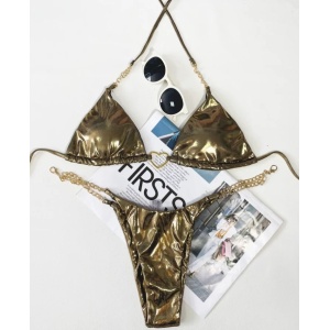 Costum de baie 2 piese metalizat cu inimioara si lanturi decorative, auriu #ZZ2747 - Img 5