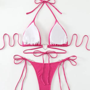 Costum de baie 2 piese metalizat cu inimioare metalice si snururi , roz fucsia #ZZ2100 - Img 10